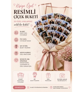 kişiye özel resimli çiçek buketi 18 adet fotokart resimli buket