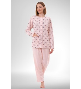 Mecit 6315 Pudra Kadın Boydan Düğmeli Büyük Beden Pijama Takımı
