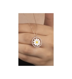 925 Ayar Rose Zirkon Taşlı Mineli Papatya Gümüş Kolye