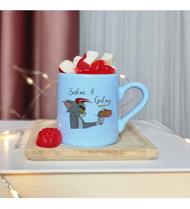 Tom & Jerry Tasarımlı Kişiye Özel Mavi Türk Kahvesi Fincanı