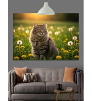 Papatyalar İçinde Gri Kedi Dekoratif Kanvas - Mdf Ahşap Tablo