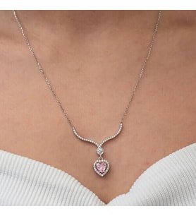 Pembe Taşlı Kalp Zirkon Taşlı 925 Ayar Gümüş Kadın Kolye