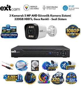 EXİTCAM 3 Kameralı Full HD Sesli AHD Güvenlik Seti – 320 GB HDD, 80 Metre Kablo, Renkli Gece Görüşü