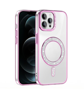 iPhone 12 Pro Kılıf Pırlanta Taş Tasarımlı M-safe Şarj Özellikli Karetta Silikon Kapak (Rose)