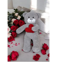 Kalpli Peluş Ayıcık - Sevgiliye Çok Özel Kalpli Hediye Peluş Ayıcık (Gri)