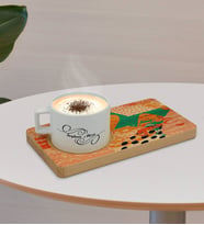 BK Gift Kişiye Özel Modern Art Tasarımlı Doğal Ahşap Tabaklı Seramik Fincan Sunum Seti  Model 1