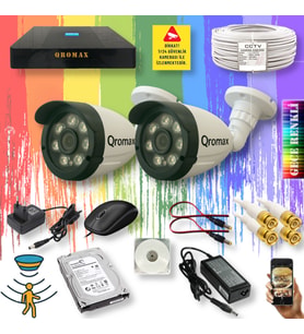 Qromax 2 Kameralı Set - Gece Renkli Gösteren Hareket Algılayan 8 Warm Ledli 1080P Turbo HD Güvenlik Kamerası Seti 3908W-9004