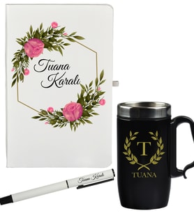 Kişiye Özel Çiçek Tasarımlı Anneye Hediye Defter Kalem Ve Siyah Termos Mug Seti