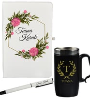 Kişiye Özel Çiçek Tasarımlı Anneye Hediye Defter Kalem Ve Siyah Termos Mug Seti