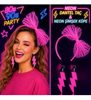Neon Pembe Dantel Taç ve Şimşek Küpe 80'ler 90'lar Parti Seti