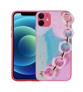 Uyumlu Model Apple iPhone 12 Kılıf Simli Desenli El Askılı Kapak (Koyu Pembe)