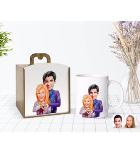 BK Gift Kişiye Özel Ahşap Kutuda Sevgililer Karikatürlü Beyaz Kupa Bardak-89