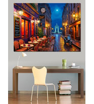 Avrupa Sokağında Akşam Işıklar Yağmur Dekoratif Kanvas - Mdf Ahşap Tablo
