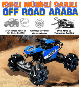 Müzikli Işıklı Sarjlı 4x4 Drift Atan Güçlü Motor 360 Dönen Yan Yan Giden Akrobat Off Road Arazi Araç (Mavi)