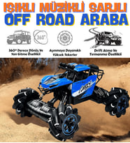 Müzikli Işıklı Sarjlı 4x4 Drift Atan Güçlü Motor 360 Dönen Yan Yan Giden Akrobat Off Road Arazi Araç (Mavi)