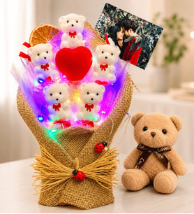 Kişiye Özel Fotoğraflı Renkli Led Işıklı Ayıcık Buketi ve Kahve Peluş Ayıcık Hediye Seti