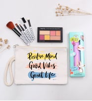 Motto Baskılı Ham Bez El Çantası & 5'li Mini Makyaj Fırçası & Pastel Far Paleti & Pastel Maskara Hediye Seti
