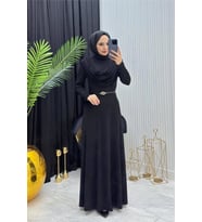 kadın siyah sandy kumaş degaje yaka kemer detaylı tesettür elbise---- NMS096