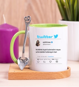 Kişiye Özel Twitter Tasarım Fotoğraflı Ahşap Altlıklı Yeşil Kupa Bardak