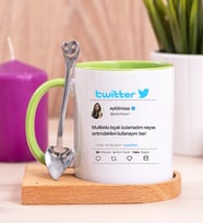Kişiye Özel Twitter Tasarım Fotoğraflı Ahşap Altlıklı Yeşil Kupa Bardak