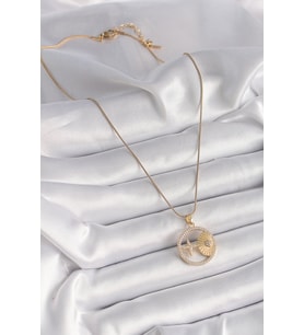 316L Çelik Gold Renk Zincir Zirkon Taşlı Yıldız İşleme Madalyon Model Kadın - HPSBYI3544-2
