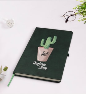 BK Gift Kişiye Özel Kaktüs Tasarımlı Yeşil Termo Deri Defter Model 5
