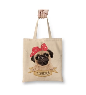 I Love Pug Köpek Beyaz Bez Çanta Uzun Saplı Alışveriş Çantası Plaj Çantası