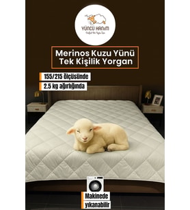 Tek Kişilik Merinos Kuzu Yünü Yorgan (%100 DOĞAL MERİNOS KUZU YÜNÜ) 155 X 215 Cm Ebat