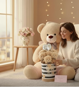 Sevgiliye Hediye Premium 90 cm Peluş Ayı ve Silindir Kraft Kalpli Kutuda, Kalpli Balonlu 6’lı BOZ Ayıcık Buketi (Bej)