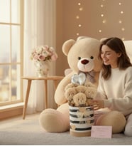 Sevgiliye Hediye Premium 90 cm Peluş Ayı ve Silindir Kraft Kalpli Kutuda, Kalpli Balonlu 6’lı BOZ Ayıcık Buketi (Bej)