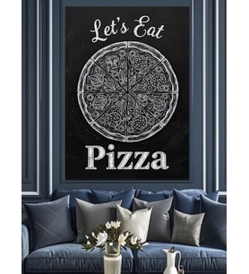 "Hadi Pizza Yiyelim" Sloganlı Siyah Beyaz Pizza Afişi Dekoratif Kanvas - Mdf Ahşap Tablo