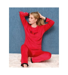 Fransız Kadife Kadın Pijama Takımı 1593-2 (Kırmızı)