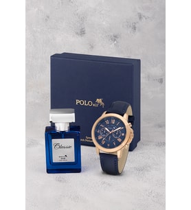 Polo Air Deri Kordon Romen Rakamlı Klasik Erkek Kol Saati Ve 55 ml Parfüm Lacivert Bakır Renk ST-5021E2