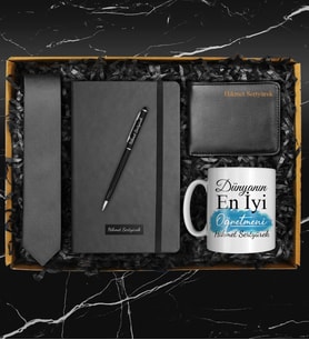 Öğretmenler Gününe Özel Tasarım Kupa & Siyah Termo Defter & Exclusive Kravat & Metal Kalem & Cüzdan Hediye Seti