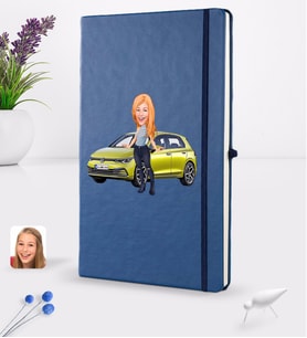 BK Gift Kişiye Özel Plakalı Kadın Volkswagen Golf Karikatürlü Lacivert Termo Deri Defter 16x24cm Model 2