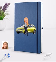 BK Gift Kişiye Özel Plakalı Kadın Volkswagen Golf Karikatürlü Lacivert Termo Deri Defter 16x24cm Model 2