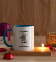 Kişiye Özel Biz Akıllanmayız Tasarım Esprili  Ahşap Altlıklı Mumlu Mavi Kupa