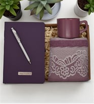 Kişiye Özel Mor Termo Defter& Beyaz Touch Pen& Mor Renkli Havlu& Lila Renkli Kupa Hediye Seti