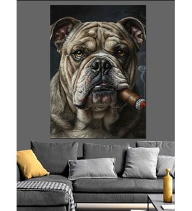 Puro İçen İngiliz Bulldog Köpek Portresi Dekoratif Kanvas - Mdf Ahşap Tablo