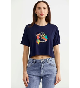 Oversize Baskılı Crop Tişört - Lacivert