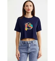 Oversize Baskılı Crop Tişört - Lacivert