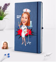BK Gift Kişiye Özel Hemşire Karikatürlü Lacivert Termo Deri Defter 16x24cm Model 2