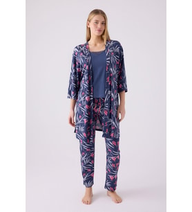 Pierre Cardin Kadın Mor Sabahlıklı Uzun Kol İp Askılı V Yaka 3'lü Pijama Takım