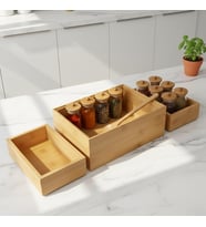 3'lü Modüler Bambu Organizer Set - Üst Üste Geçebilen Çok Amaçlı Çekmece İçi ve Masaüstü Düzenleyici Kutu - Banyo, Mutfak ve Ofis İçin Ahşap Saklama Seti