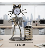 Metal akordeon çalan kedi müzisyen saat ve kalemlik – 17x12 cm (Karışık)