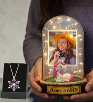 Fotoğraflı & Yazılı Led Işıklı Fanus ve Gerçek Ametist Taşlı Lotus Kolye Sevgiliye Anlamlı Hediye (Model 8)