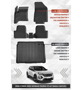 Peugeot 2008 HYBRID 2025 ve Sonrası Uyumlu 4.5D Premium Havuzlu Oto Paspas ve Liner ALT Bagaj Havuzu