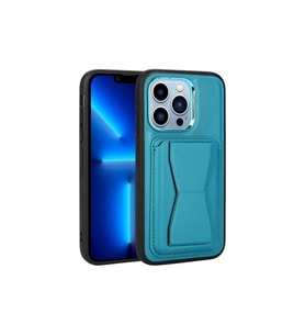 Apple iPhone 13 Pro Uyumlu Kılıf Kartlıklı Standlı Pu Deri Zore Memo Kapak (Mavi)