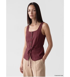 LCW EVERYDAY Bordo Beli Kuşaklı Keten Karışım Kadın Klasik Yelek