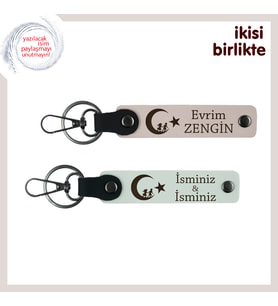Birlikteliğin Gücüne Armağan–Sevgiliye Çocuk Ve Ayyıldız Desenli Kişisel Anahtarlık, Pudra-Beyaz